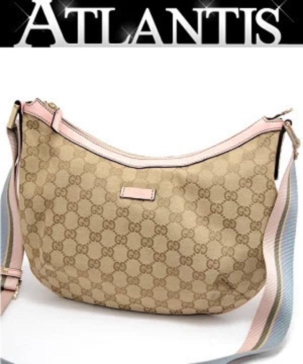 Gucci Shoulder Bag GG Canvas Leather Beige Cream x Pink